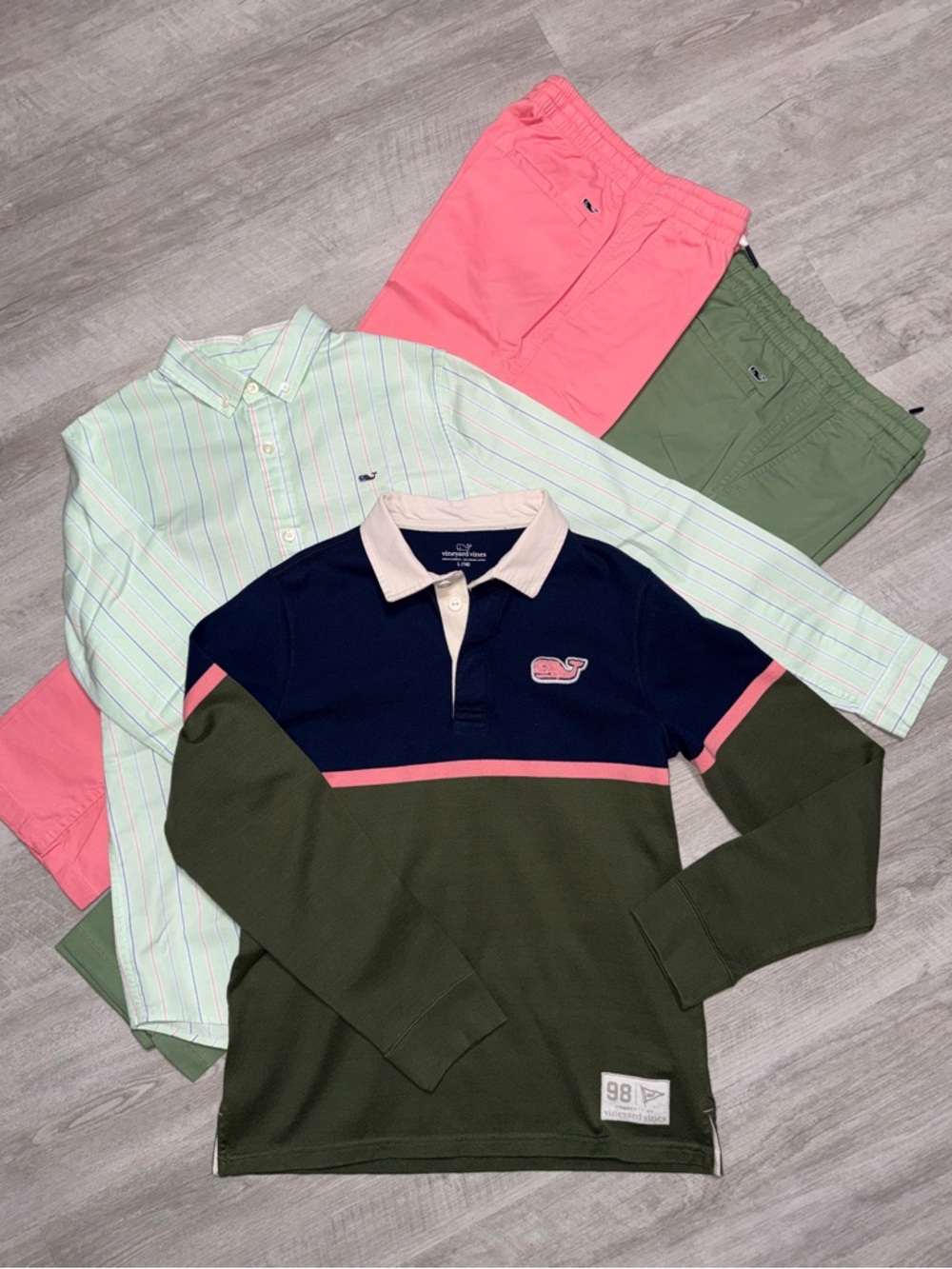 Vineyard Vines Boys Large 16 Bundle Navy, Olive & Pink Colorblock Rugby, Pants